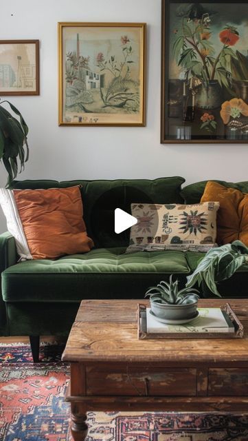 Mel Boyden | Green & Nature Inspired Interiors 🌿 on Instagram: "How to style a green sofa, four different ways. Which is your favourite? I’m definitely drawn to the 1st one, I love the rust colours and choice of artwork providing a wonderful bohemian vibe to your living room.   Green sofas have always been my go to colour for my living room. If you choose an olive or dark green, they are very versatile colours which help complement a wide range of interior styles, from modern to traditional. They can easily blend with various colour schemes and decor elements.  Green is also a colour that is often associated with nature, bringing a sense of calm and tranquility into the living space. This can create a soothing and relaxing environment. Emerald green, in particular, has a rich and luxuriou Olive Green Sofa Decor Ideas, Green Boho Sofa, Deep Green Sofa In Living Room, Green Sofa Rug Combo, Khaki Green Sofa, Olive Green Sofa Decor, Velvet Green Couch Living Room Ideas, Olive Couch Living Room Ideas, Forest Green Sofa Living Room Ideas