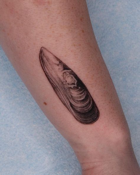 Muscle Shell Tattoo, Mussel Shell Tattoo, Mussel Tattoo, Micro Realism, Sticker Sleeve, Shell Tattoo, Tattoo 2024, Shell Tattoos, Summer Tattoo