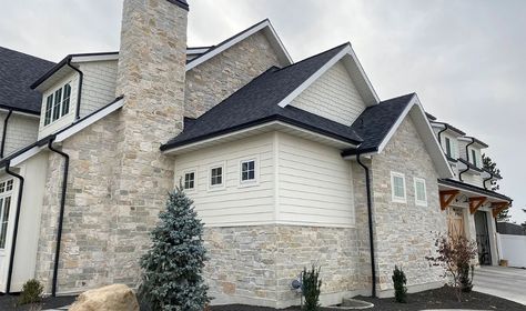 Snow Canyon | stoneworldsupply White Siding Exterior With Stone, Exterior Stone House Ideas, Home Exterior Stone And Siding, Stone On White House Exterior, White Siding House With Stone, Half Stone Exterior Houses, House Exterior Stone And Siding, Stone And Shake Siding Exterior, Stone Facing Exterior House