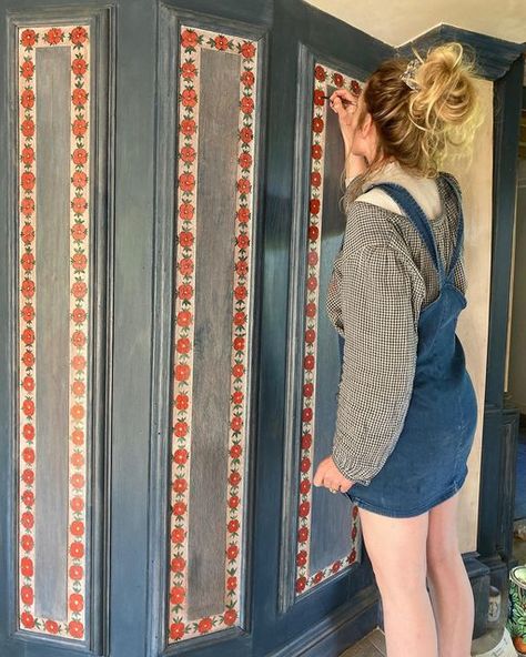 Hand Painted Doors, Painted Doors Interior, Painted Wall Borders, Door Art Bedroom, Painted Wood Paneling, Tess Newall, Stenciled Doors, English Cottage Interiors, Armoire Makeover