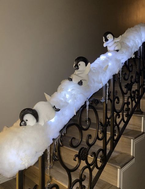 Christmas Banister, Christmas Stairs Decorations, Snow Decorations, Fluffy Snow, Christmas Stairs, Penguin Decor, Fake Snow, Winter Wonderland Christmas, Christmas Wonderland