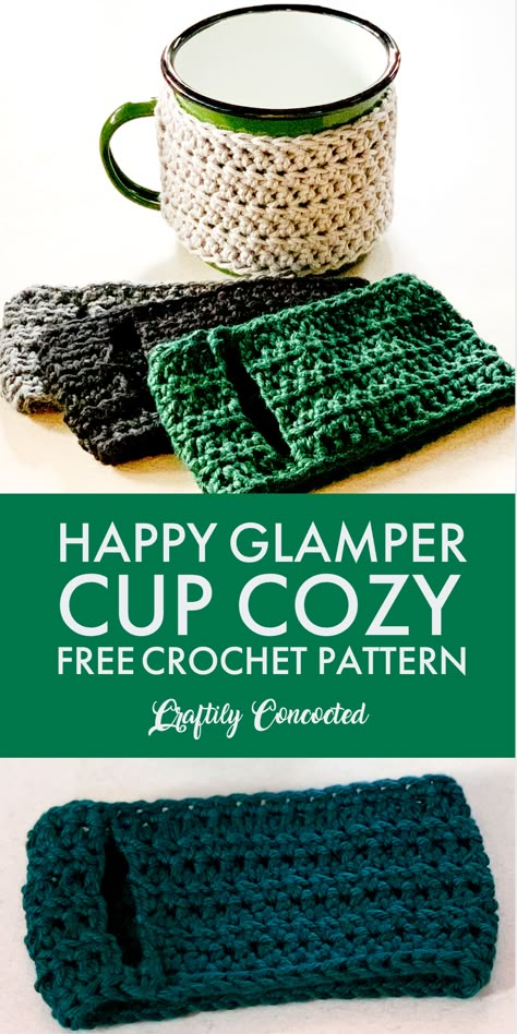 Try out this free crochet pattern and make your own mug cozy! #coffeecrochetrepeat #happyglampercozy #freecrochetpattern #freepattern #easycrochetpattern #leftycrochet #craftilyconcocted #coffeelovers #muglove #cupsleeve #mughug #mugsleeve #crochettutorial #quickcrochetmakes Mug Cozy Crochet, Cup Cozy Crochet, Cup Cozy Crochet Pattern, Mug Cozy Pattern, Happy Glamper, Crochet Mug Cozy, Crochet Coffee Cozy, Crochet Cup Cozy, Confection Au Crochet