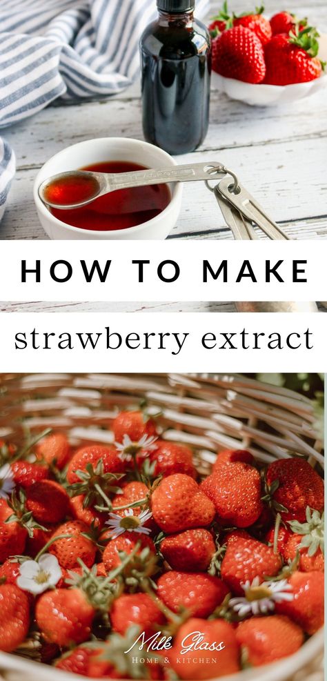 Add the sweet, tart flavor of strawberries to a variety of beverages, bakes, desserts, and more with this homemade strawberry extract! It's a convenient and easy way to add a taste of summer to your recipes all year long. How To Make Strawberry Extract, Fruit Extracts Recipes, Homemade Butter Extract, Strawberry Extract Recipe, Strawberry Tops Recipe, What To Do With Strawberry Tops, Diy Extracts Recipes, Homemade Instead Of Store Bought, Strawberry Powder Recipes