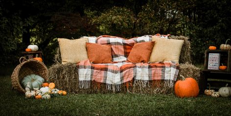 Fall Family Photos Backdrop, Outdoor Fall Photo Booth Ideas, Fall Selfie Station Ideas, Hay Bale Couch Photoshoot, Fall Photo Shoot Backdrop, Halloween Photoshoot Setup Ideas, Halloween Fall Photo Backdrop, Fall Family Photo Prop Ideas, Hay Bale Photo Shoot