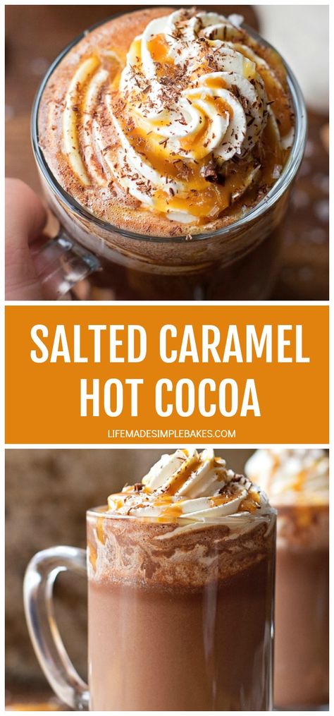 Whip up your own salted caramel hot cocoa at home with just 5 ingredients! It's quick, easy and extra amazing with a big dollop of homemade whipped cream. Mmmm! #saltedcaramelhotcocoa #hotcocoa #saltedcaramel #homemadewhippedcream #flavoredhotcocoa Salted Caramel Hot Cocoa, Caramel Hot Chocolate, Life Made Simple, Salted Caramel Hot Chocolate, Beverage Ideas, Homemade Hot Cocoa, Recipes With Whipping Cream, Hot Cocoa Recipe, Strawberry Tea