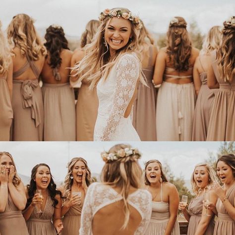 Poses For Bridal Party Group Shots, Bride Reveal To Bridesmaids, Small Bridal Party Poses, Wedding Photography Poses Family Group Shots Picture Ideas, Individual Bridesmaid Poses With Bride, Fun Bridesmaid Pictures, Maid Of Honor Photos, First Look Bridesmaids, Bridesmaid And Groomsmen Pictures