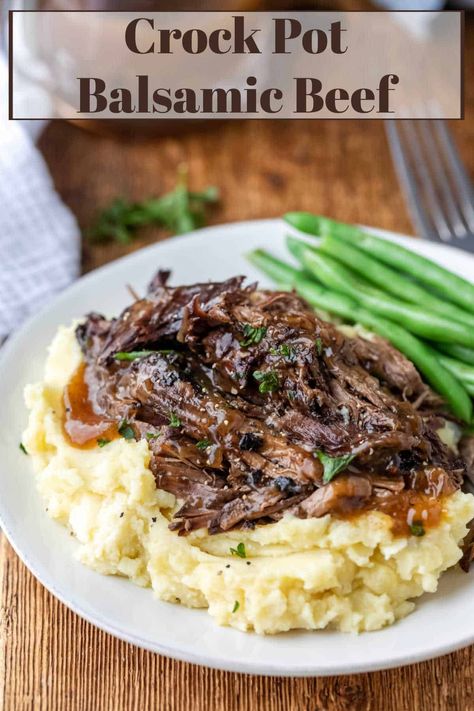 Crock Pot Balsamic Beef makes tender, juicy beef. Easy slow cooker beef recipe turns chuck roast into a yummy dinner with 5 minutes of prep! Braised Chuck Roast, Slow Cooker Brisket Recipes, Chuck Roast Crock Pot Recipes, Roast Beef Crock Pot Recipes, Slow Cooker Korean Beef, Crockpot Roast Recipes, Pot Roast Crock Pot Recipes, Slow Cooker Roast Beef, Slow Cooker Dinner Recipes