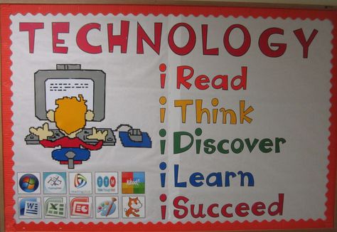 Technology  bulletin board Computer Bulletin Board Ideas, Ict Board Ideas, Computer Classroom Decor Ideas, Tech Bulletin Board Ideas, Technology Bulletin Board Ideas, Computer Science Bulletin Board Ideas, Technology Bulletin Boards Elementary, Computer Science Display Boards, Design And Technology Classroom Displays