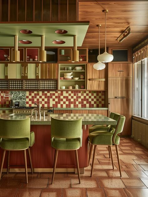 Modern Retro Studio Apartment, Crazy Kitchen Ideas, Vintage Green Decor, Vintage Italian Kitchen Aesthetic, Eclectic Home Kitchen, Modern Vintage House, Warm House Interior, Colorful Kitchen Island, Kitchen Interior Vintage