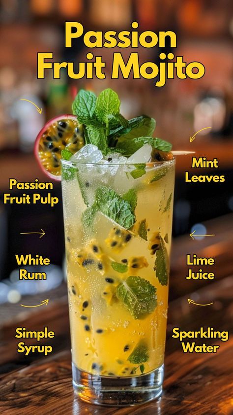 Get swept away by the tropical taste of our Passion Fruit Mojito, a fusion of ripe passion fruit, fresh mint, and sparkling soda with a zesty kick. #PassionFruitMojito Passion Fruit Mojito Recipe, Party Drinks Ideas, Beautiful Mocktails, Mojitos Recipe, Food And Beverage, Drinks Recipe, Fruit Mojito Recipe, Passion Fruit Mojito, Pretty Alcoholic Drinks