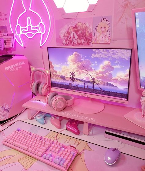 Gaming Desk Setup, Kawaii Bedroom, Pink Games, Gamer Setup, Otaku Room, Gamer Room Decor, Video Game Room Design, Anime Room, Gaming Room Setup