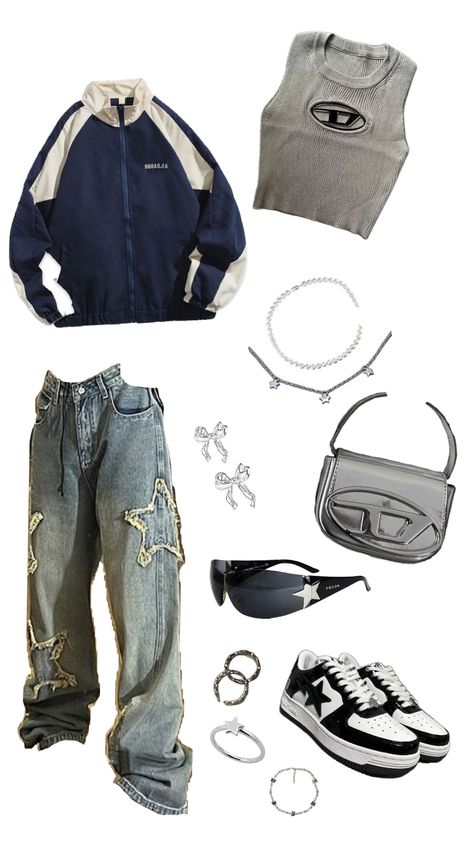 #y2k #y2koutfit #outfitinspo #clothes #earings #pants #jacket #top #necklasse #silver #bag #glasses #stars Street Skater Style, Bag Glasses, Silver Y2k, Acubi Style, Outfit Denim, Outfits 2000s, Silver Bag, Dream Closets, Outfits Y2k