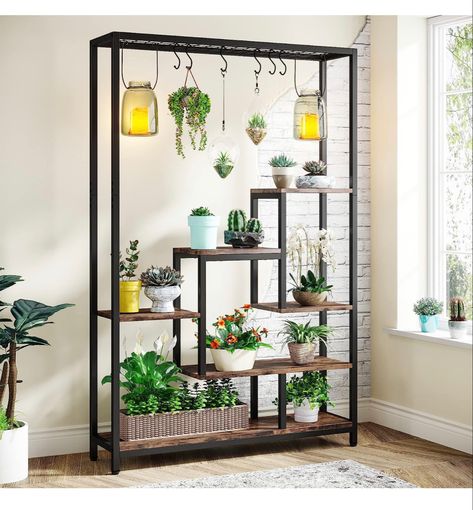 【Large Capacity for Plants】The indoor plant stand is adopted 7 shelves design and each shelf is wide and spacious enough. The metal plant shelf can hold at least more than 8 pots of regular-sized plant pots. The top wire shelf also can place small bonsai. Attached are 6 pcs S-hook is also fit for hanging display. 【Ladder Design & Multi-function】Garden plant with ladder shelf design provides ample space for multiple sizes of plants' storage and growth, with no shelter from each other, which helps Tall Indoor Plants, Indoor Plant Stand, Ladder Design, Corner Plant, Tall Plant Stands, Support Pour Plante, Ivy Vine, Support Plante, Plant Shelf