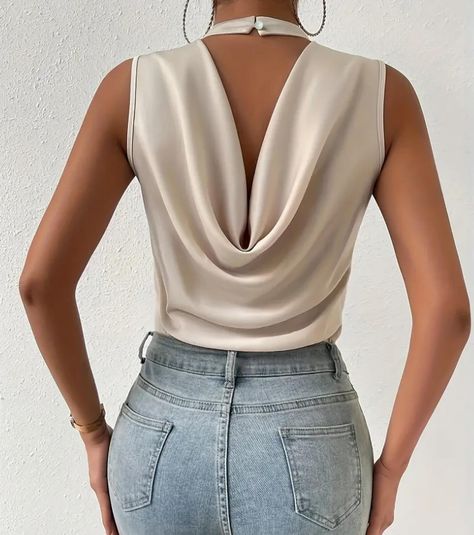 Satin Top Outfit, Outfit Ideaa, Elegant Bodysuit, Fancy Shirt, 2piece Outfits, Mock Neck Bodysuit, Cute Modest Outfits, Women Blouses Fashion, Backless Bodysuit