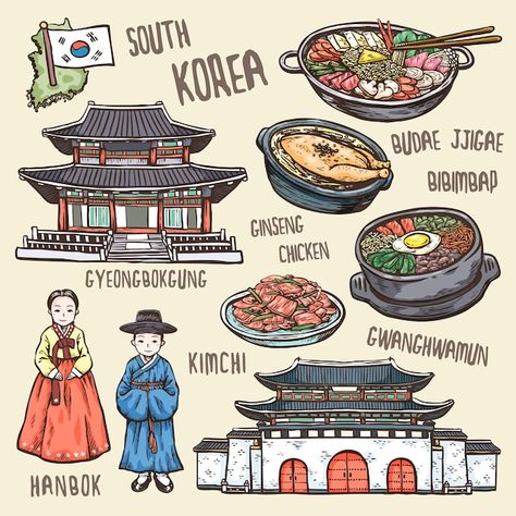 South Korea Culture, Korea Map, Seni Korea, Korean Illustration, Seoul Korea Travel, Learn Korea, South Korea Seoul, Korean Words Learning, Korean Phrases