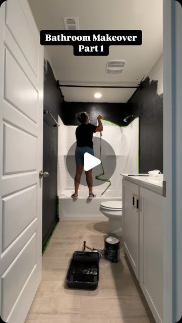 Ruchika Khatri on Instagram: "Are you excited for part 2?😍
.
.
.
#bathroomrenovation #bathroomdesign #bathroomremodel #bathroomdiy #diyprojects #homeimprovement #bathroomdesign #bathroominspiration #blackbathroom #sw #triconblack #bathroomgoals #interiordesign #bathroominterior #homemakeover #diyhomedecor #interiordesign #interiordecorating #usa" Black Gray Bathroom Ideas, Black Wall In Bathroom Ideas, English Modern Bathroom, Black Wood Bathroom Ideas, Small Masculine Bathroom Ideas, Bathroom Shower Wall Ideas, Small Bathroom Design White, Black And Beige Bathroom Ideas, Modern Basement Bathroom Ideas