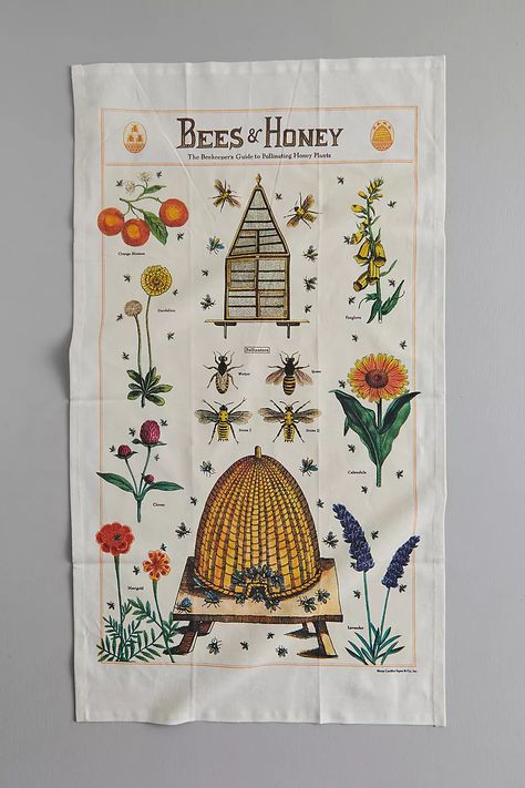 Bee + Honey Dish Towel | AnthroLiving Different Types Of Bees, Honey Images, Types Of Bees, Cottagecore Room Decor, Red Oak Wood, Vintage Bee, Bohemian Tapestry, Save The Bees, Vintage Artwork