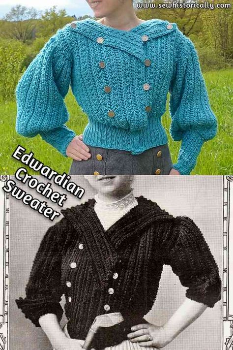 7 DIY Edwardian Sweaters - Refashion, Knit & Crochet - Sew Historically Crochet Patterns Vintage, Vintage Crochet Clothes, Small Knitted Projects, Free Vintage Crochet Patterns, How To Tailor Your Own Clothes, Edwardian Sweater, Vintage Crochet Sweater, 1900s Sportswear, 1900s Crochet