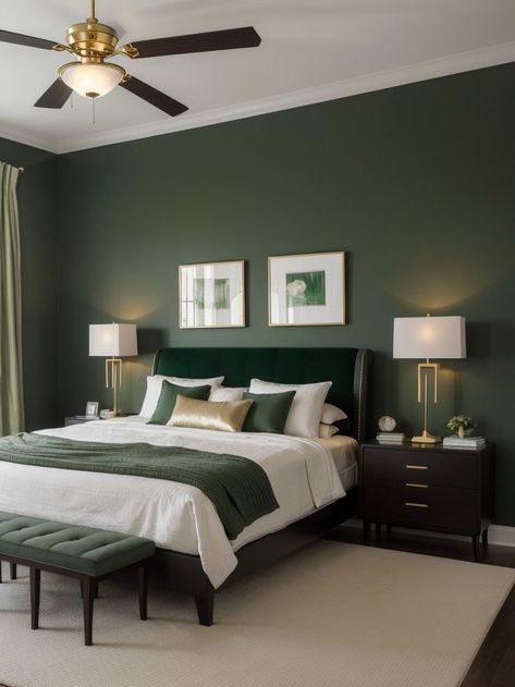 Black And Green And White Bedroom, Black Room With Green Accents, Bedroom Inspirations Forest Green, Black White And Forest Green Bedroom, Black White And Hunter Green Bedroom, White Bedroom With Dark Green Accents, Sage Green Black And Wood Bedroom, Black Bed With Green Bedding, Black Furniture Green Walls