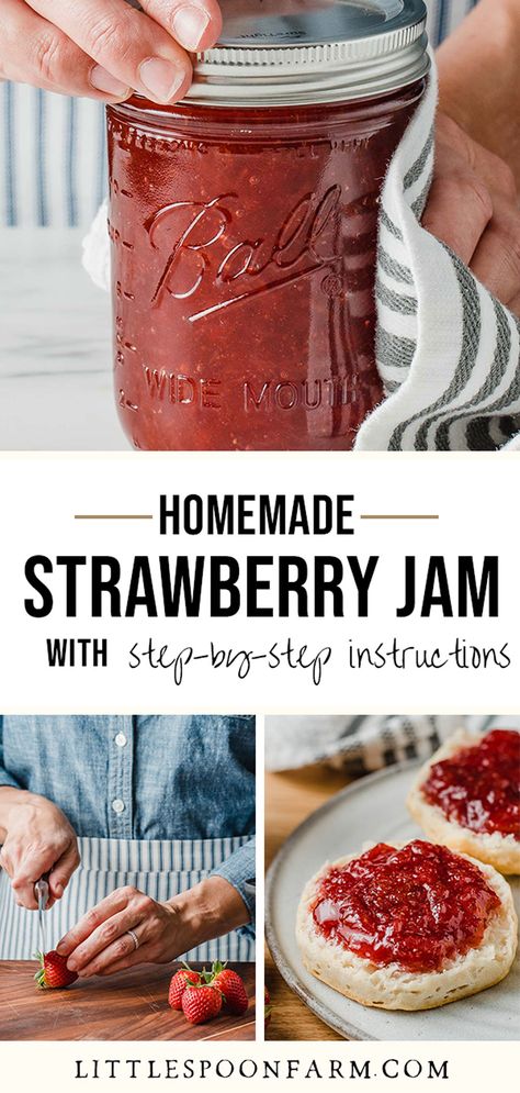 This strawberry jam is the easiest jam recipe to make without pectin. A soft, smooth texture, that's full of fresh berry flavor and spreads like a dream! It's an easy way to make fresh tasting, low sugar jam and we've included easy canning instructions. You don't have to can this jam, as it can be stored in the fridge for up to 2 months. It's the best recipe for capturing the taste of summer all year long! Shelf Stable Strawberry Jam, Canned Strawberry Jam Without Pectin, How To Make Strawberry Jam Easy, Fresh Strawberry Preserves, Fresh Jam Recipes, Organic Strawberry Jam, Canning Recipes For Strawberries, How To Can Jam Without A Canner, Pectin Free Strawberry Jam Easy