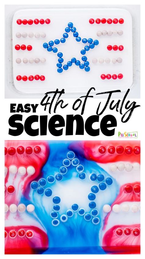 My kids love themed activities almost as much as they love candy science! This red white and blue science project combines them both for colorful, fun independence day activities that explore how things dissolve. This fourth of July science allows kids to have fun learning a simple science principle while having some fun with 4th of July activities for toddler, preschool, pre-k, kindergarten, first grade, and 2nd graders. Fourth Of July Prek Activities, Independence Day Activities For Toddlers, July Lesson Plans Preschool, Usa Preschool Activities, Fourth Of July Crafts For Kids Preschool, 4th Of July Activities For Kids, Usa Activities, Easy 4th Of July Crafts, Red White And Blue Candy