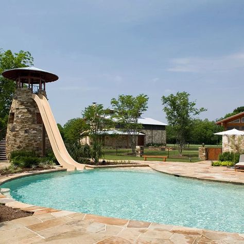 Pool Design With Slide, Pool Grotto With Slide, In Ground Pools With Slide, Backyard Pool Designs With Slide, Pool With A Slide, Pool With Water Slide, Pools With Jumping Rocks, Big Pool With Slide, Backyard Pool Slide