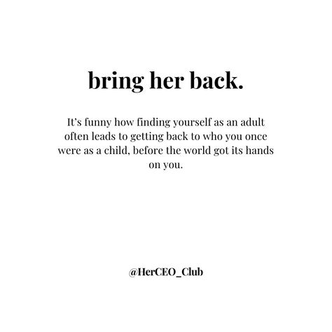 It’s time to rebirth your inner child …  We are so free as kids. Our imaginations weren’t limited. We weren’t afraid to express ourselves for fear of what others may think. We had an unshakeable faith. We were secure with ourselves and lived without limits.  I want her back. I’m working on it. And you? . . . . . #trauma #lifequotes #lifelessons #lessonslearned #inspirational #quotes #dailyquotes #womenempowerment #lifechanging #changeyourlife #believeinyourself Rebirth Quotes Inspiration, I’m Back Quotes, Healing Your Inner Child Quotes, Secure Quotes, Inner Work Quotes, Quotes For Fear, Limits Quotes, Rebirth Quotes, Quotes About Fear