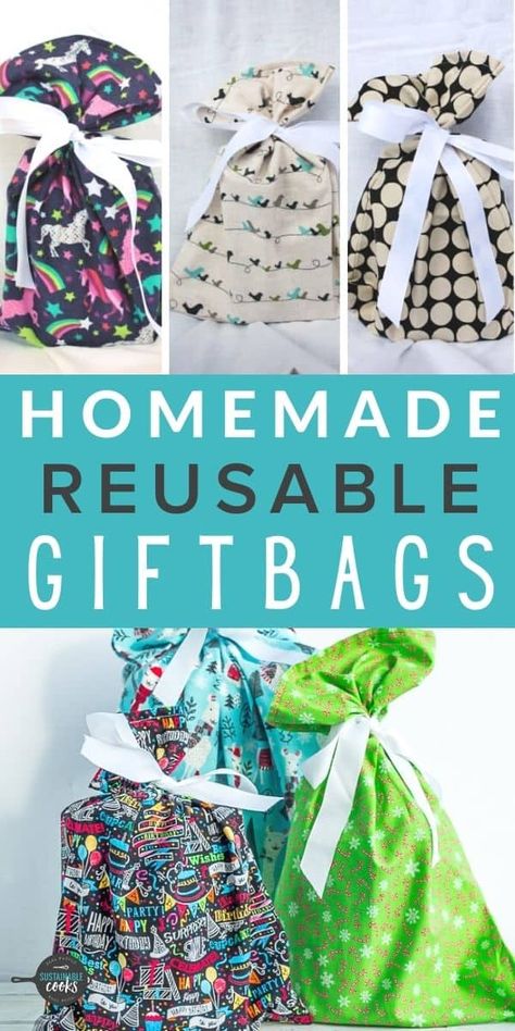 Gift Bags Diy Christmas, Diy Reusable Bags, Small Gift Bags Diy, Fabric Christmas Bags, Reusable Wrapping Paper, Homemade Gift Bags, How To Make A Gift Bag, Fabric Wrapping Paper, Christmas Gift Sack