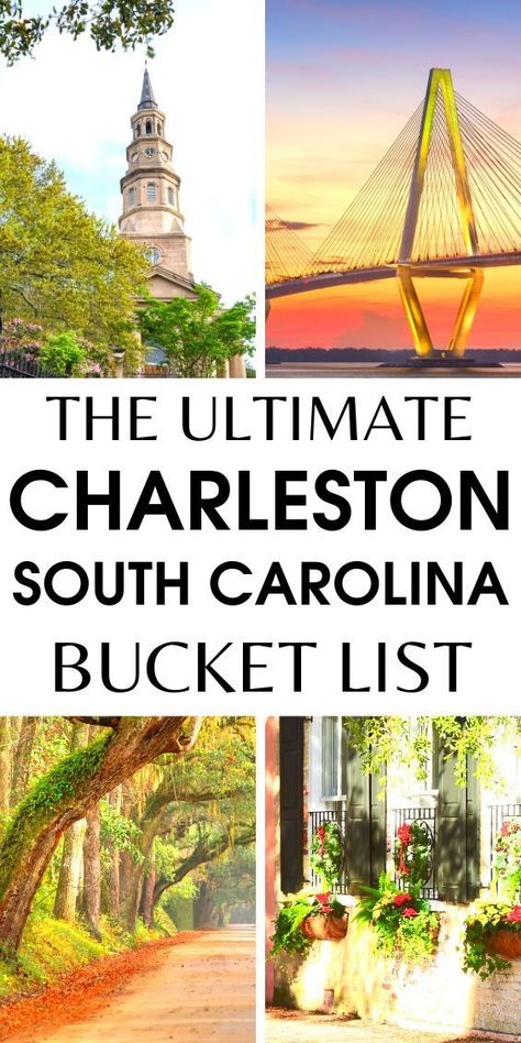 Collage of pictures from Charleston, South Carolina. Steeple of Church in Charleston's French Quarter, Ravenel Bridge, Flower covered balconies at the Rainbow Row, Oak trees at Boone Hall Plantation Charleston South Carolina Vacation, Visit Charleston Sc, Charleston Things To Do, Visit South Carolina, Myrtle Beach Trip, Charleston Travel Guide, Things To Do In Charleston, Charleston Vacation, South Carolina Vacation