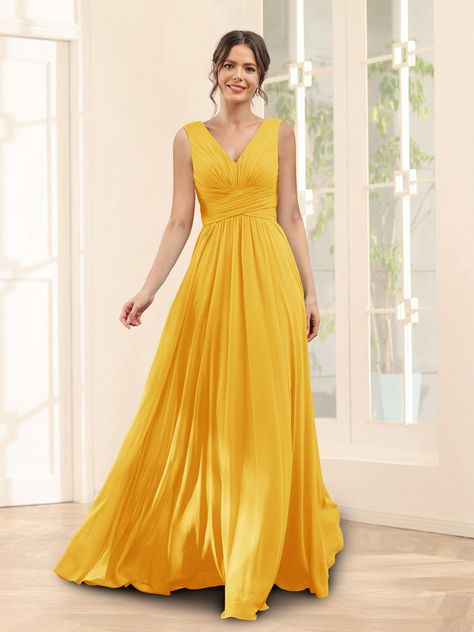 Lavetir sells a large selection of 2024 new bridesmaid dresses and wedding party dresses online. Here is the dress detail: Fabric: Chiffon; Silhouette: A-Line/Princess; Neckline: V-Neck; Hemline/Train: Floor-Length; Embellishment: Ruffles; Pockets; Sleeve: Sleeveless; Waist: Natural; Back Style: Lace Up; Built-In Bra: Yes; Season: Spring;Summer;Fall;Winter; Shown in Gold color. Mustard Yellow Gown, Yellow Bridesmaid Dress Long, Corset Styles, Yellow Gown, Gold Bridesmaid Dresses, Yellow Bridesmaid Dresses, Dresses With Pockets, Tulle Skirts, Chiffon Bridesmaid Dresses