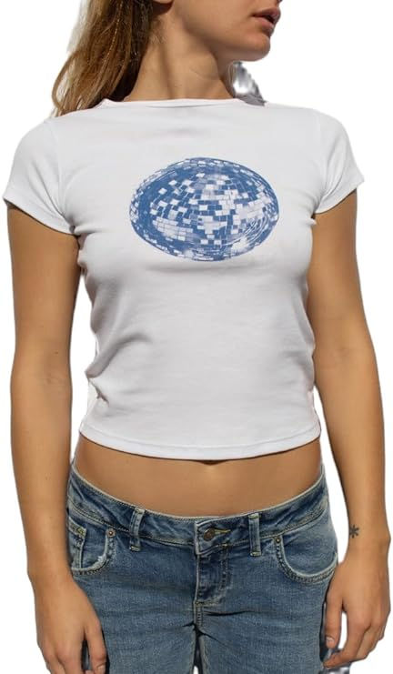 Women's Short Sleeve Y2K Baby Tees E-Girls Cute Graphic Print Crop Tops Slim Fit T Shirts Retro Vintage Aesthetic disco ball Retro Vintage Aesthetic, Party Queen, Slim Fit Crop Top, Baby Graphic Tees, Y2k Baby Tee, Baby Tees, Aesthetic Shirts, Print Crop Tops, Vintage Aesthetic