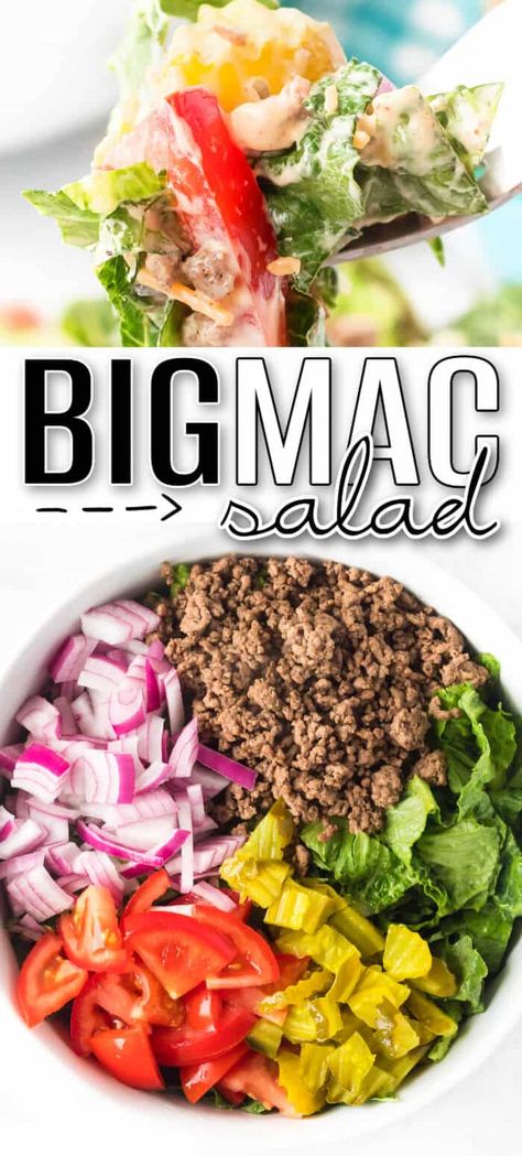 Chop Salad Ideas, Main Course Salads Recipes, Hamburger Salad Recipes, Big Mac Salad Recipe, Bang Bang Cauliflower Recipe, Hamburger Salad, Gut Protocol, Mac Salad Recipe, School Meal