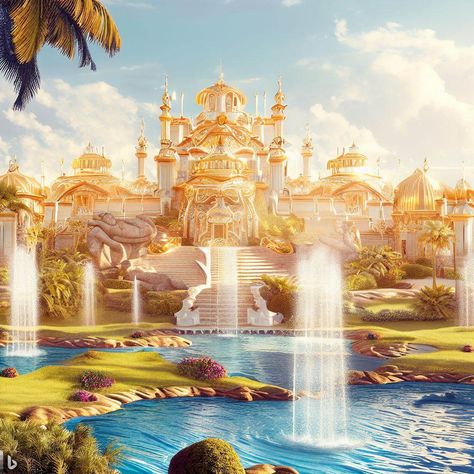 Sun Kingdom Fantasy Art, Golden Palace Fantasy Art, Sun Kingdom Aesthetic, Heaven Kingdom, Sun Castle, Sun Kingdom, Janaki Mandir, Golden Kingdom, Sun Palace