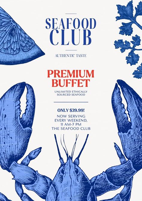 Posters For Restaurant, Sea Food Restaurant Aesthetic, Seafood Graphic Design, Restaurant Poster Design Ideas, Fish Restaurant Branding, Yoga Creative Ads, Seafood Restaurant Branding, Restaurant Poster Design Creative, Seafood Poster Design