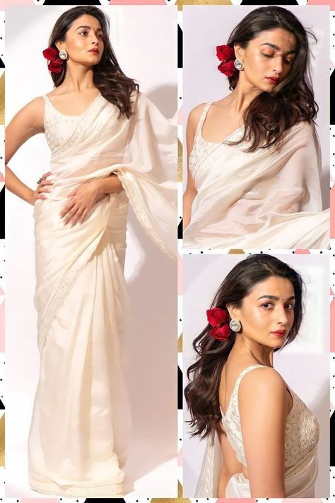 White Saree Look Traditional, Hairstyles For White Saree, White Saree Makeup Look Simple, White Saari Ideas, White Sarees Party Wear, White Saree Look For Party, White Saare Looks, Gangubai Saree, Sari Hair Styles Indian Fashion