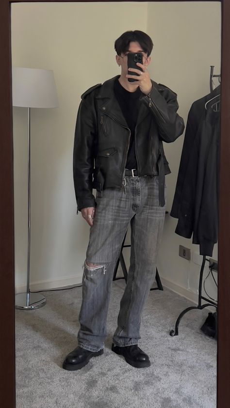 Biker Jacket Style Men, Leather Jacket And Boots Outfit Men, Biker Jacket Aesthetic Men, Classy Biker Outfit, Leather Jacket Biker Outfit, Men’s Biker Jacket Outfit, Leather Jacket Man Aesthetic, Bikers Jackets Outfit Men, Men Biker Jacket Outfit