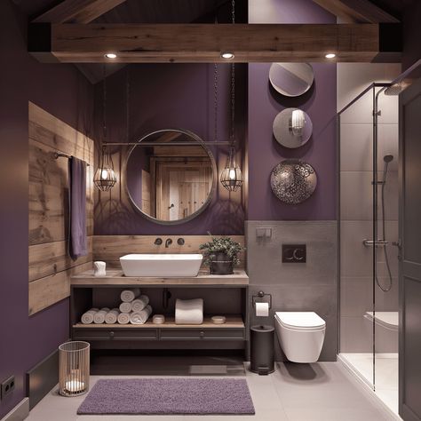 Rustic Purple Farmhouse Bathroom Inspiration Plum Bathroom Ideas, Dark Purple Bathroom, Purple Farmhouse, Plum Bathroom, Farmhouse Bathroom Inspiration, Lavender Bathroom, Purple Bathroom, Warm Bathroom, Rustic Farmhouse Bathroom