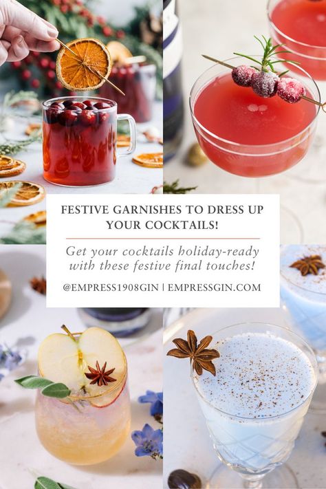 Dress up your holiday cocktails with our favourite festive garnishes! From frosted cranberries to shaved coconut snow, these creative final touches are sure to elevate your drink menu just in time for Christmas!✨ Holiday Drink Garnish, Christmas Drink Garnish Ideas, Christmas Cocktail Garnish Ideas, Christmas Drink Garnish, Christmas Cocktail Garnish, Frosted Cranberries, Christmas Themed Cocktails, Gin Garnish, Empress 1908 Gin