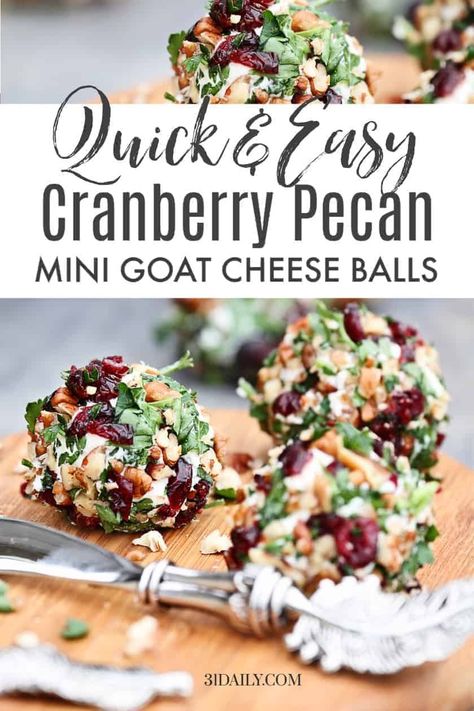 Mini Cranberry Pecan Goat Cheese Balls, a festive, delicious appetizer or snack for the holidays, that's so quick, simple, and easy, it will become your go-to recipe. These easy goat cheese bites are packed with cranberries, pecans, fresh parsley, seasoned with cinnamon and honey. Holiday Appetizers Christmas Parties, Cranberry Appetizer, Goat Cheese Balls, Pecan Balls, Cheese Balls Recipe, Holiday Appetizers Christmas, Goat Cheese Appetizer, Appetizers Christmas, Holiday Appetizers Easy