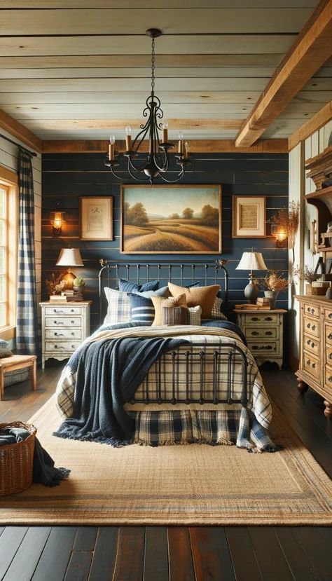 21 Navy Blue Bedroom Ideas to Transform Your Space: From Modern to Rustic 🌙✨ - Laugh Lore Navy Blue Farmhouse Bedroom, Navy Blue Bedroom Ideas, Distressed Nightstand, Modern Cabin Bedroom, Navy Blue Bedroom, Tan Bedroom, Wall Facebook, Bedroom Mood Board, Lodge Bedroom