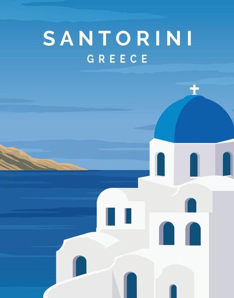 Grecia Santorini, Santorini Grecia, Greece Painting, Vintage Postcards Travel, Santorini Blue, Santorini Travel, Greece Art, Travel Art Print, Santorini Island