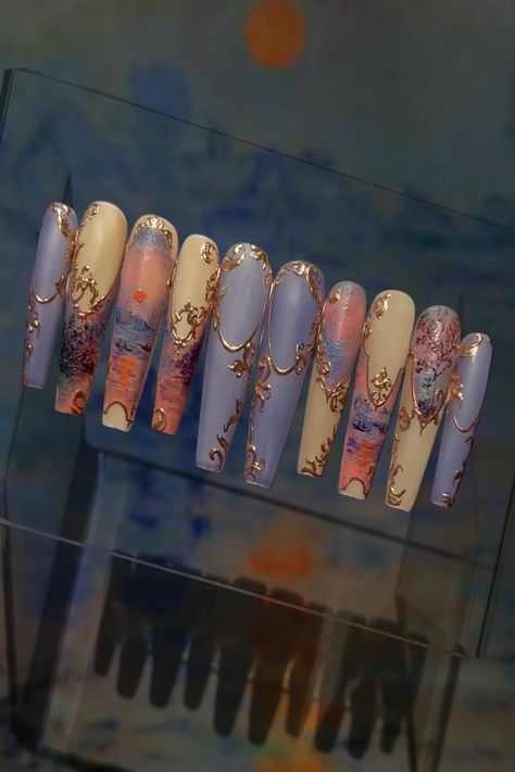 Sunset Oil Painting, Pretty Gel Nails, The Seine, Fire Nails, Funky Nails, Dope Nails, Long Acrylic Nails, Mystery Box, Cute Acrylic Nails