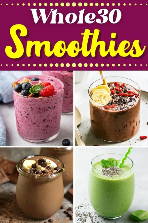 From green breakfast drinks to chocolatey snacks, these Whole30 smoothies are too good to resist. They're bright, filling, and chock-full of nutrients. Whole 30 Green Smoothie, Whole30 Breakfast Smoothie, Whole 30 Coffee Smoothie, Whole 30 Breakfast Prep, Whole 30 Shakes, Whole30 Smoothie Recipes, Whole Food Smoothie Recipes, Whole 30 Breakfast Smoothie, Whole 30 Protein Shake