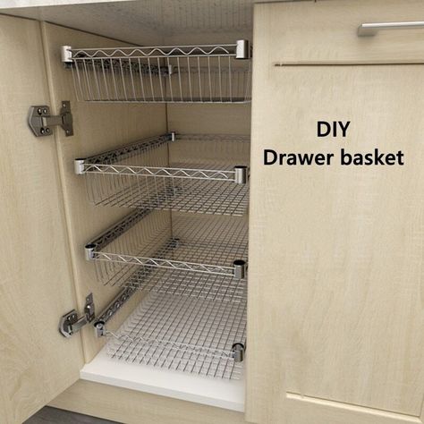 Diy Cupboard, Sliding Cabinet, Shelf Baskets Storage, Pull Out Shelves, Kitchen Storage Shelves, Diy Drawers, Shelf Organizer, Organizing Hacks, Cupboard Drawers