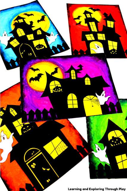 Halloween Arts And Crafts 3rd Grade, Halloween Crafts Haunted House, Spooky Art Projects, Halloween Art For 4th Grade, Halloween Art For 2nd Grade, Halloween Crafts For 2nd Grade, Halloween Art For First Grade, Halloween Craft Middle School, Fourth Grade Halloween Crafts