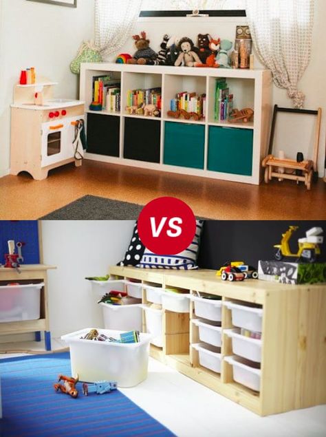 Kids Room Throwdown: Trofast vs Kallax/Expedit | Apartment Therapy Ikea Bench Hack, Kallax Kids Room, Kallax Office, Kallax Playroom, Toddler Toy Storage, Toddler Storage, Ikea Bench, Living Room Toy Storage, Trofast Ikea