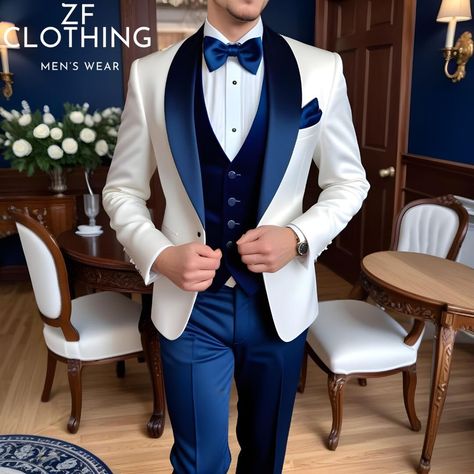 White Suit With Blue Tie, Coat Pant 3 Piece Design For Man, Blue Suits For Men Prom, White And Blue Tuxedo, Blue And Pink Tuxedo, Royal Blue Suits For Men, Suits Design Men, Designer Suits Men, Mens Designer Suits