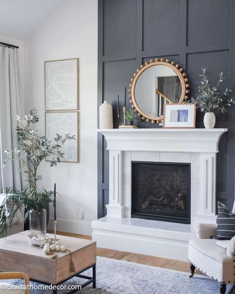 Trim Above Fireplace Mantle, Fireplace Wall Trim Ideas Moldings, Molding Above Fireplace Mantel, Paint Behind Fireplace, Applied Molding Fireplace, Fireplace Mantle Accent Wall, Fireplace Panelling Ideas, Fireplace Wall Low Ceiling, Black Wainscoting Fireplace Wall