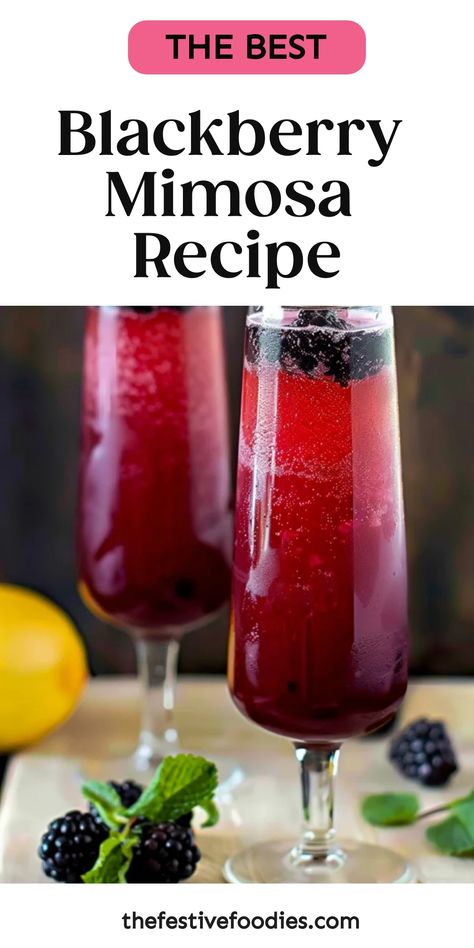 The Best Blackberry Mimosa Recipe with two glasses filled with layered red and dark purple mimosa, blackberries on top, against a blurry background with fresh ingredients. Mimosa Recipe Bar, Blackberry Mimosa Recipe, Mimosa Recipe With Prosecco, Sweet Mimosa Recipe, Different Mimosa Recipes, Mixed Drink Ideas For Parties, Make Ahead Mimosa Recipe, Cherry Mimosa Recipe, Easy Cute Cocktails