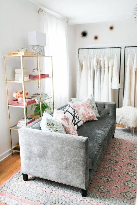 Get the Look: DIY Gilded Bookshelf + Clothing Rack Bridal Shop Interior, Bridal Shop Decor, Bridal Shop Ideas, Bridal Boutique Interior, Dress Room, Style Me Pretty Living, Interior Color Schemes, Boutique Decor, Bookshelves Diy